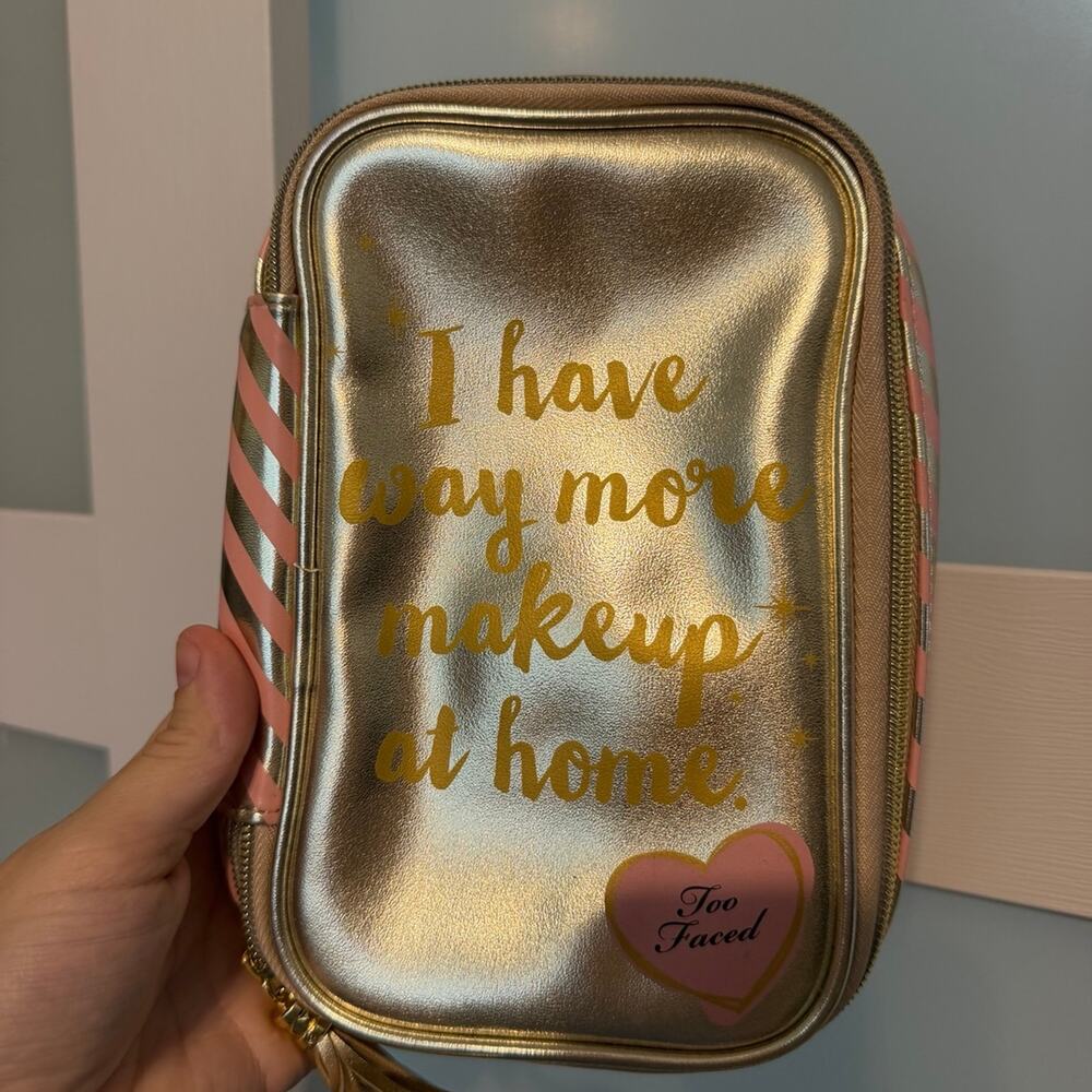 Too Faced Cosmetic Bag Gold Pink Stripes Makeup Pouch